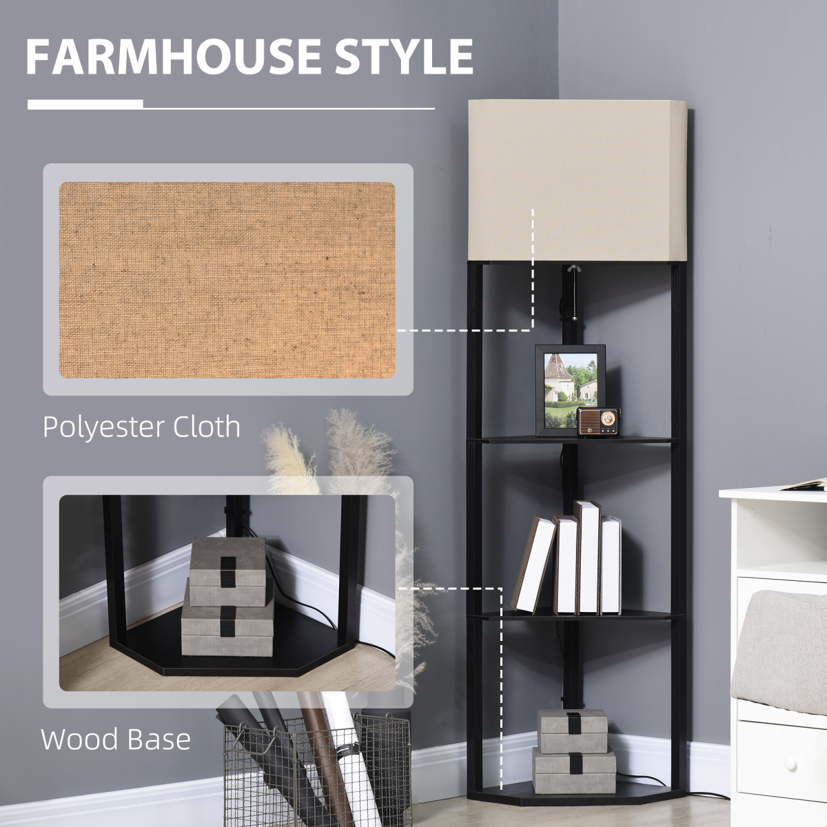 Corner Floor Lamp with 3 Shelves, Standing Lamp for Living Room