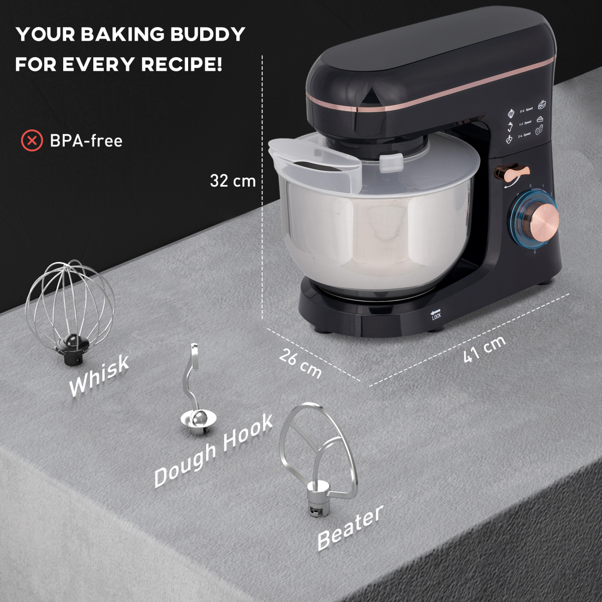 HOMCOM 1400W 5L Stand Mixer with 6 Speeds, Pulse & Tilt-Head