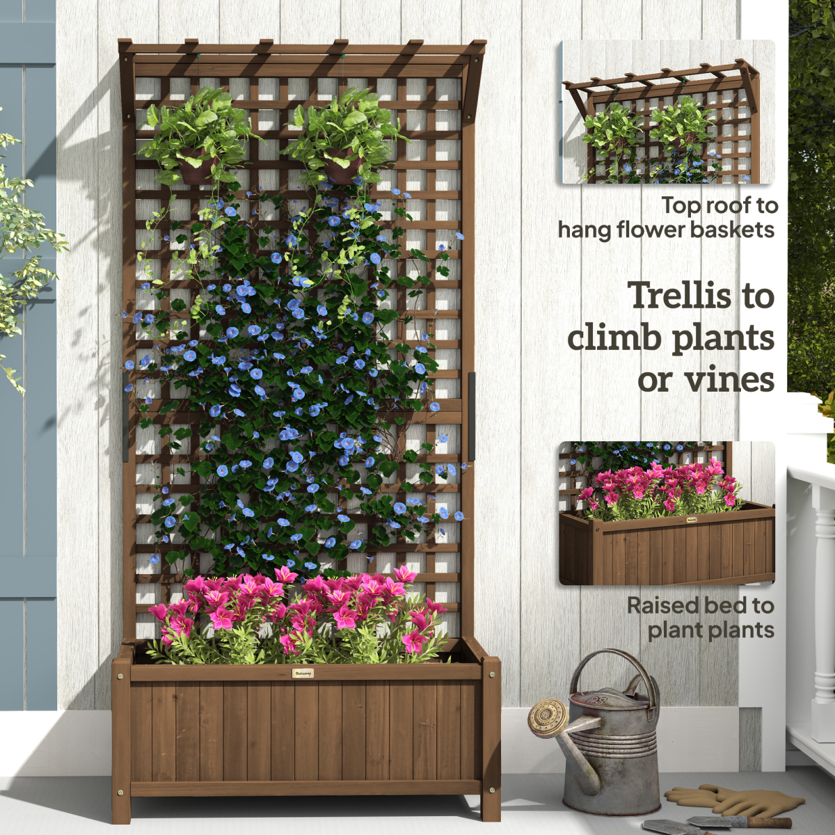 Outsunny Wooden Raised Garden Bed with Trellis and Drain Holes