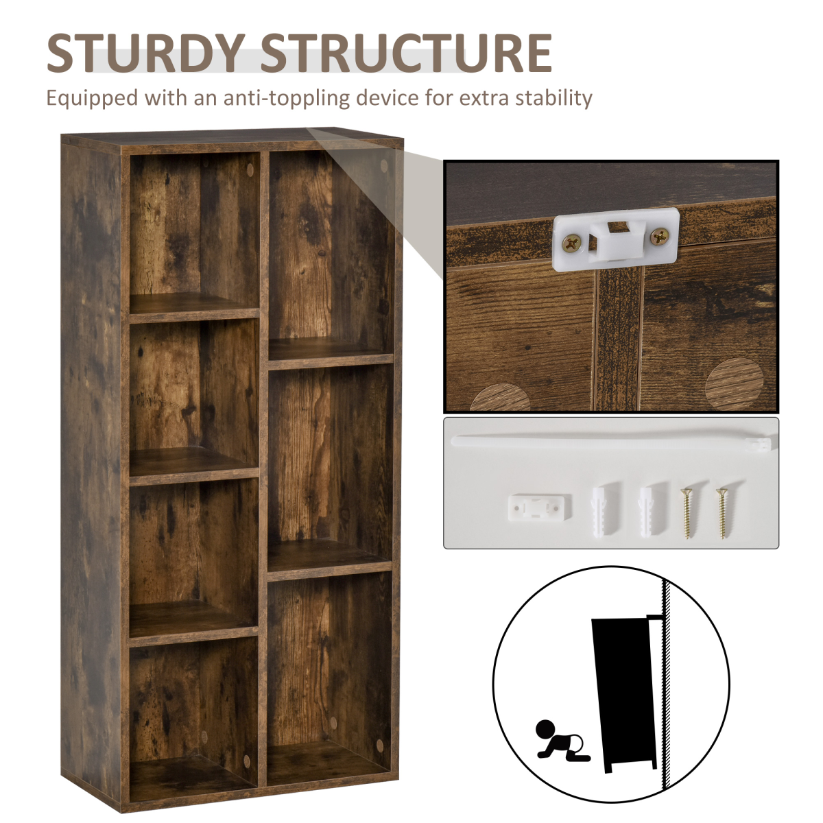 HOMCOM Industrial Bookcase Display Cabinet, 7-Compartment Cube Storage, Rustic Brown
