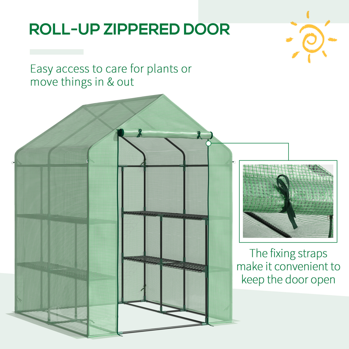 Walk-In Garden Greenhouse with Shelves, Roll-Up Door, 143x138x190cm
