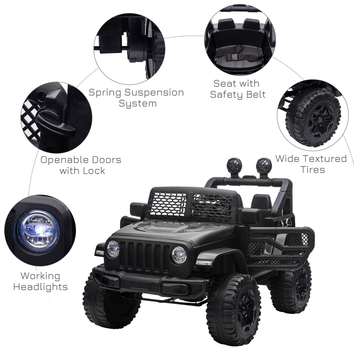 12V Kids Electric Ride On Off-Road Truck with Remote Control, LED Headlights, Seat Belt, Black HOMCOM