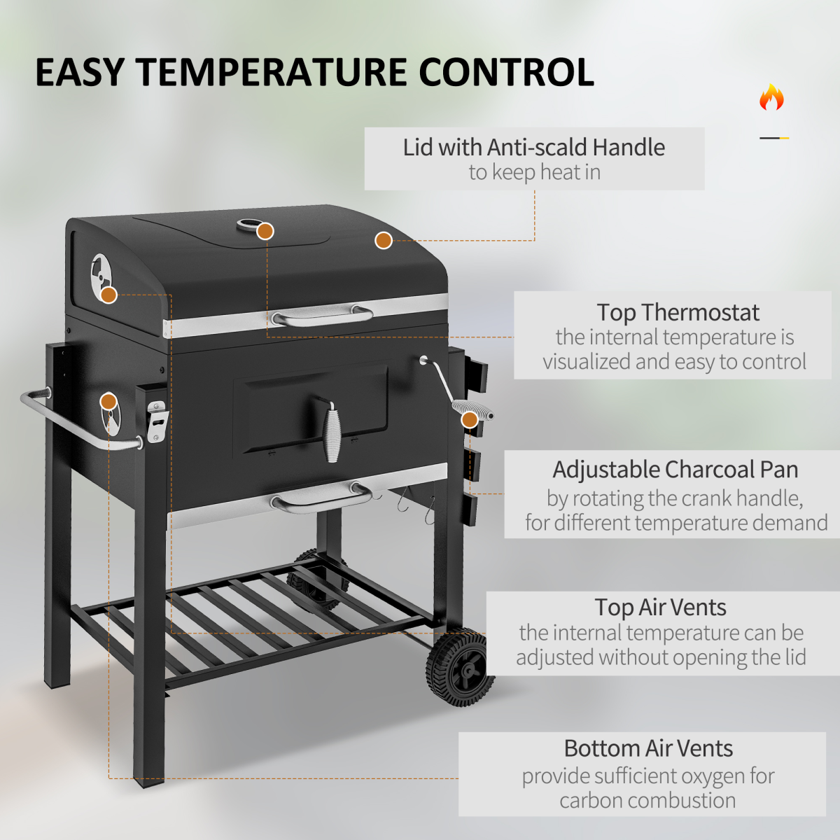 Outsunny Charcoal BBQ Grill Trolley with Wheels, Side Shelf & Thermometer