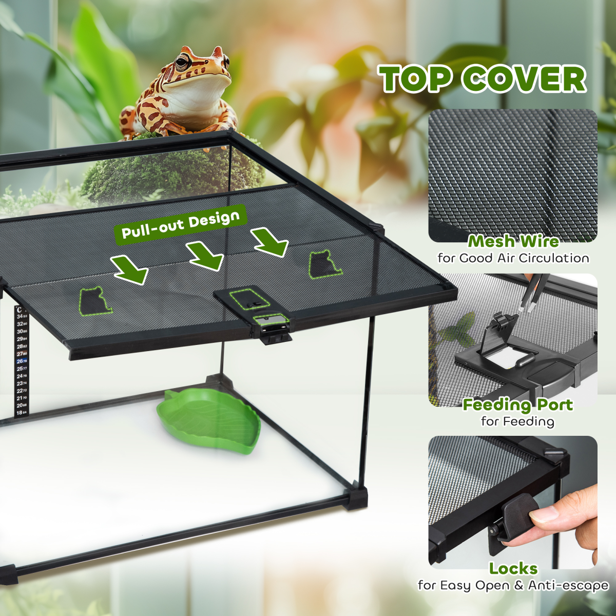 PawHut 50 x 30 x 35 cm Reptile Terrarium, Lockable Wire Mesh, Full-View, Black, for Lizards, Horned Frogs, Snakes