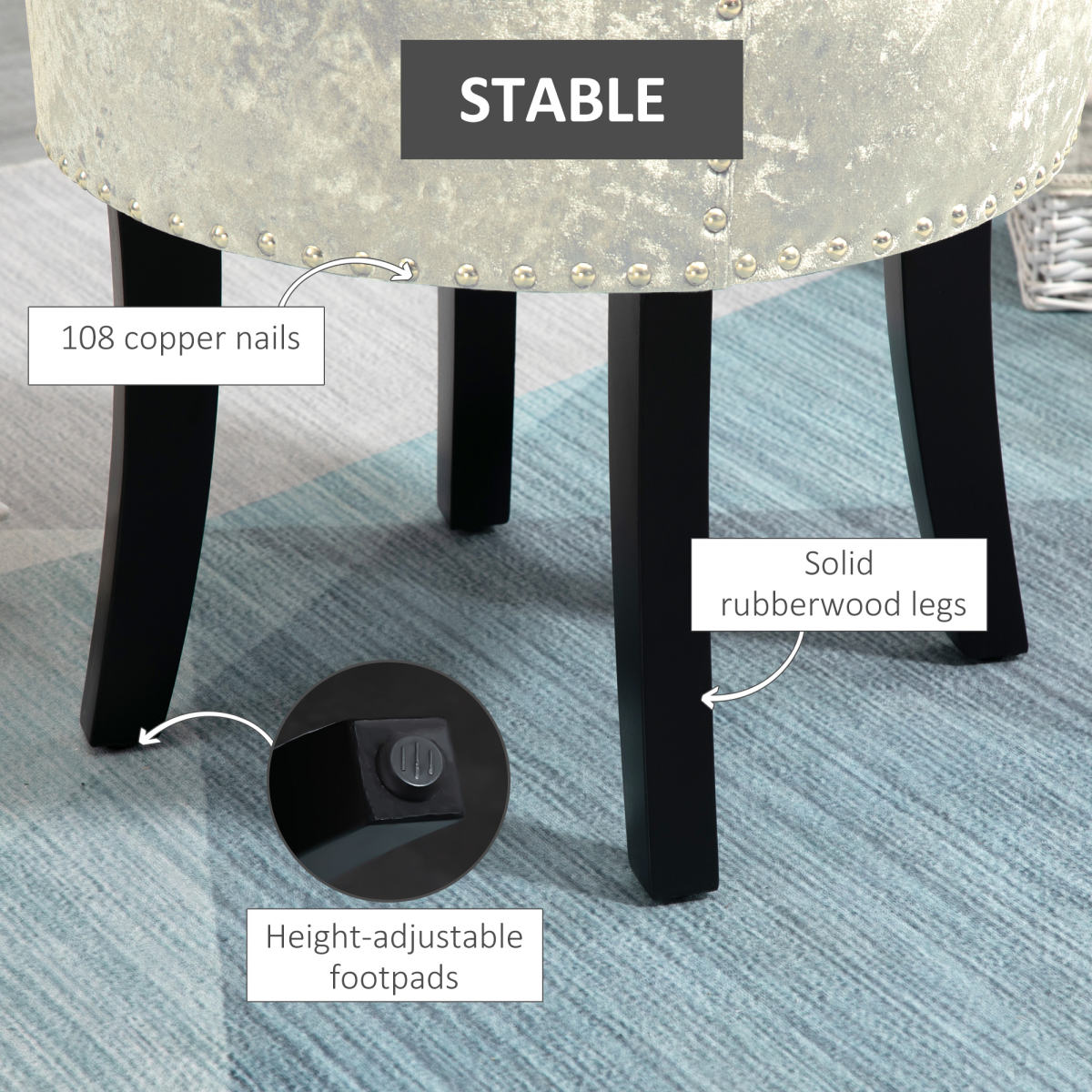 HOMCOM Beige Vanity Stool with Backrest, Rubberwood Legs