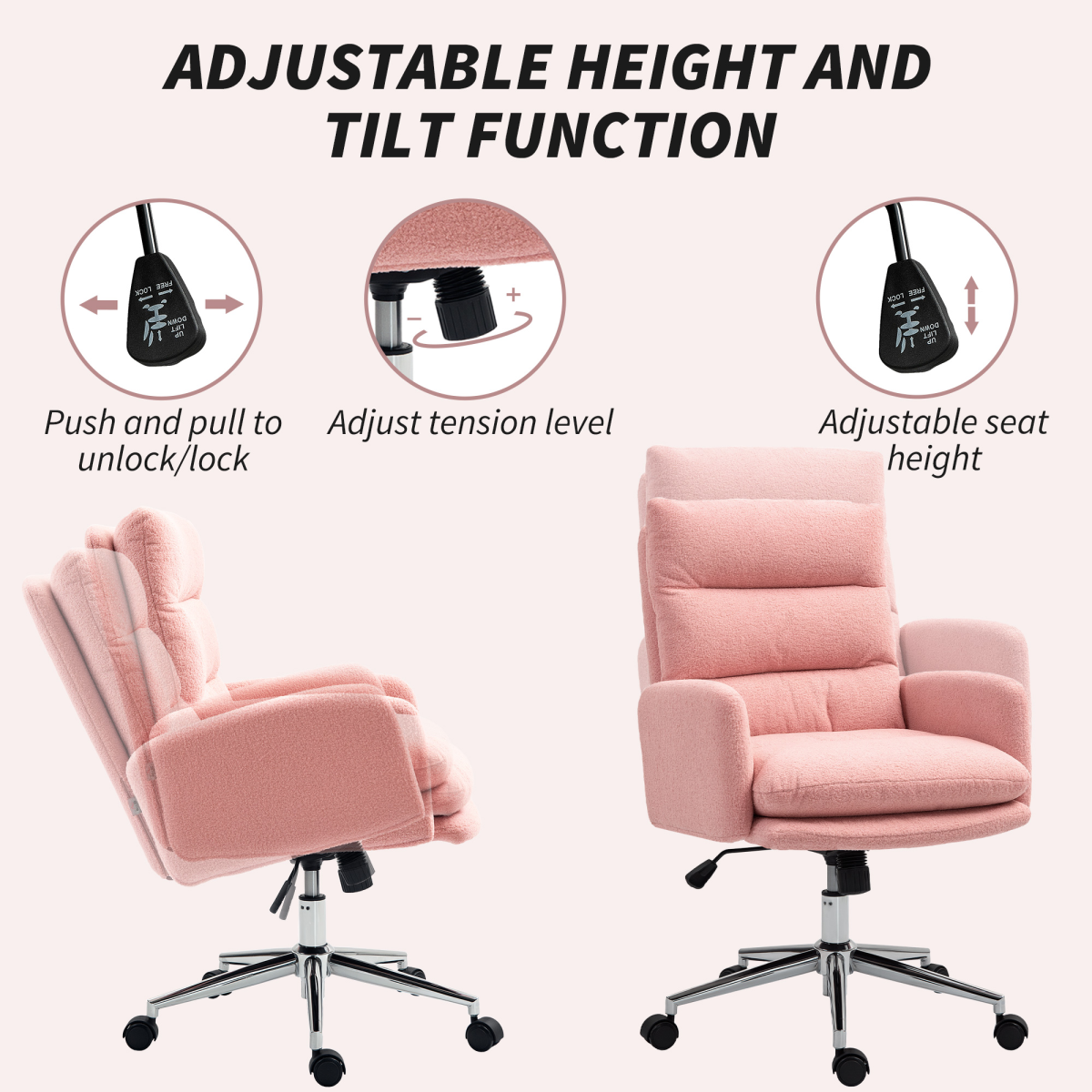 HOMCOM Pink Sherpa Fleece Adjustable Swivel Desk Chair
