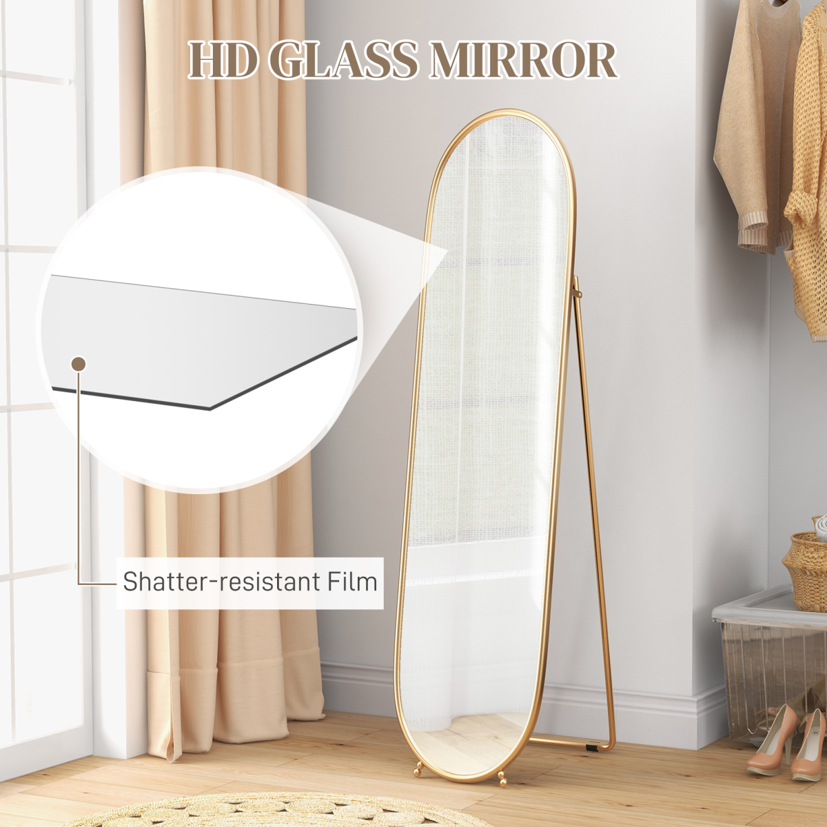 HOMCOM Oval Full Length Mirror with Metal Frame, Gold Tone
