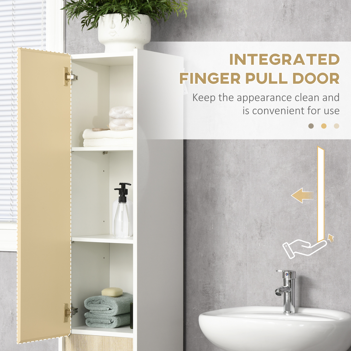 Slim Freestanding Tall Bathroom Storage Cabinet with Adjustable Shelves, Integrated Finger Pull, White