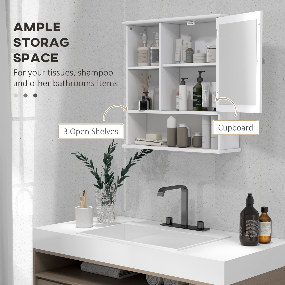 kleankin Wall-Mounted Bathroom Mirror Cabinet, Single Door Storage Cabinet with Adjustable Shelf and 3 Open Shelves, MDF, Water-Resistant Painted Surface