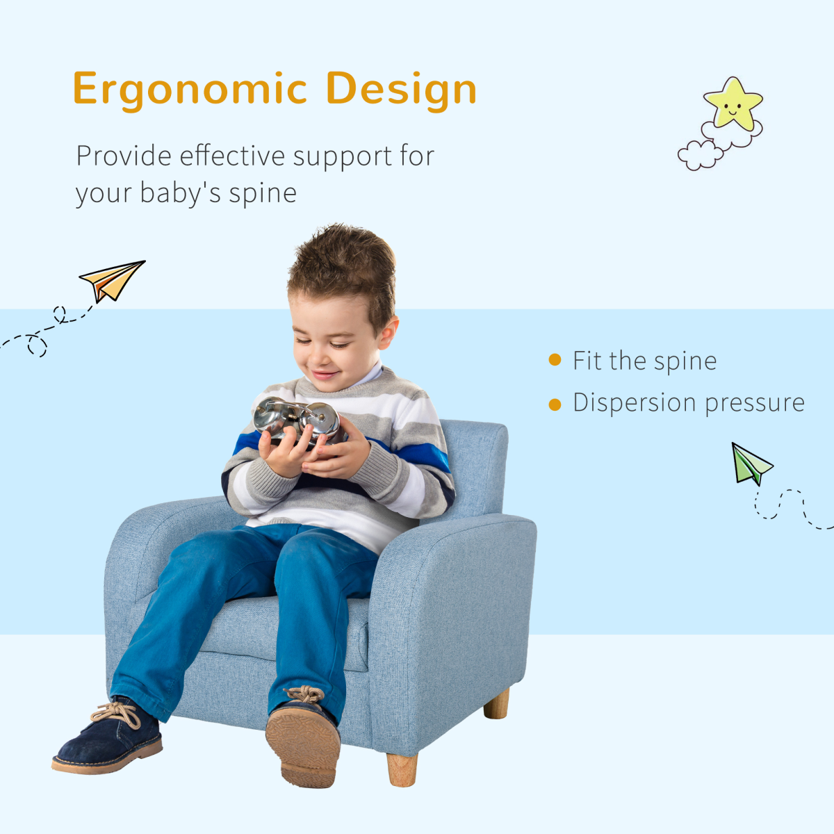 HOMCOM Blue Kids Wooden Armchair with Cushion, 3-6 Years