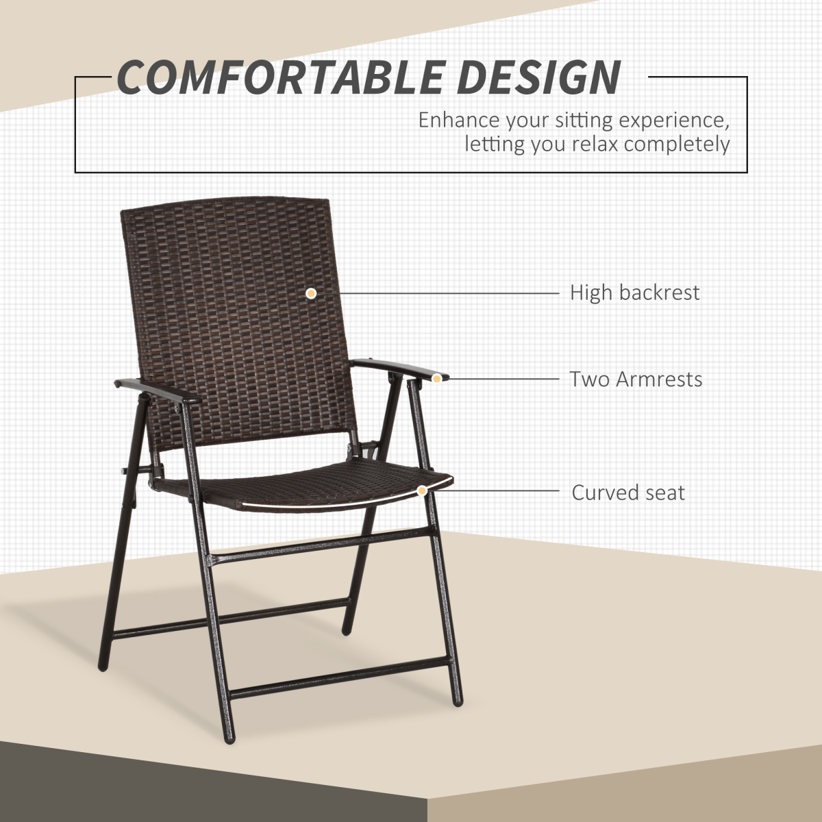 Outsunny 2-Pack Foldable Rattan Garden Chairs, Steel Frame, Armrests