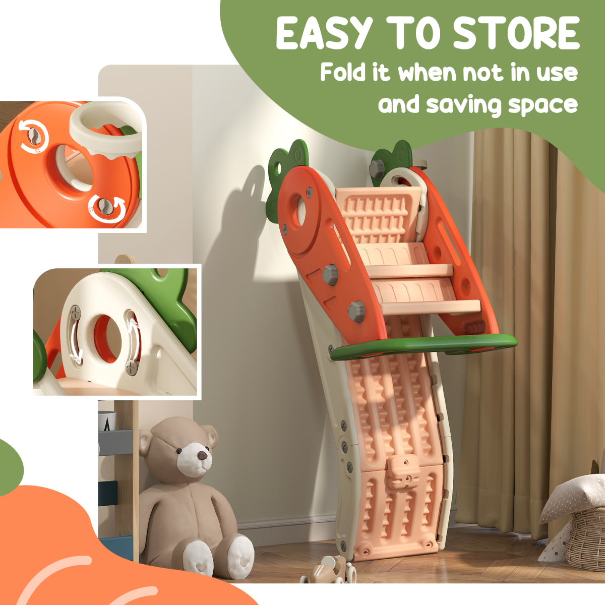 AIYAPLAY 3-in-1 Carrot Kids Indoor Slide with Basketball Hoop, Foldable