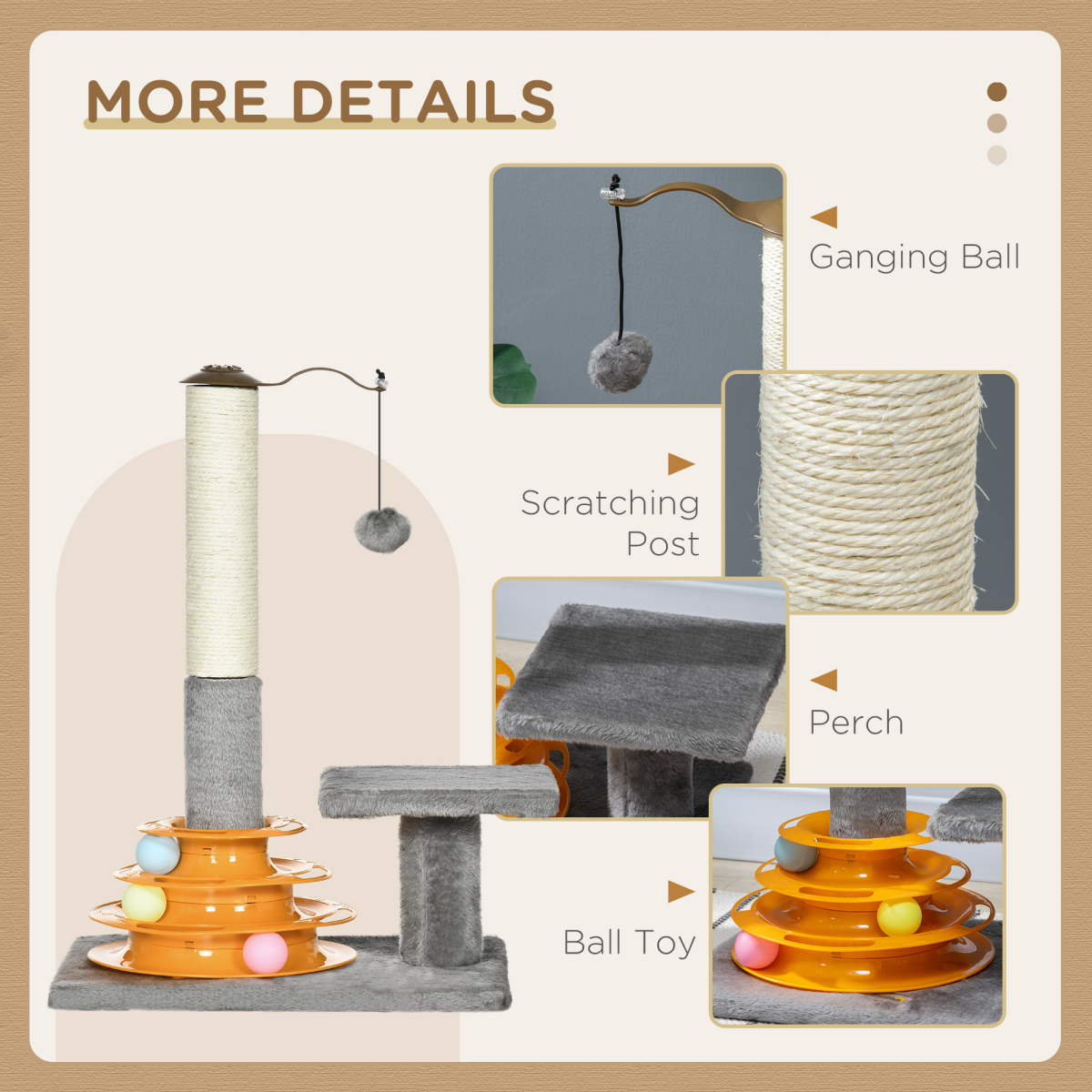 PawHut Grey Cat Tree with Scratching Post & Toys, 56cm