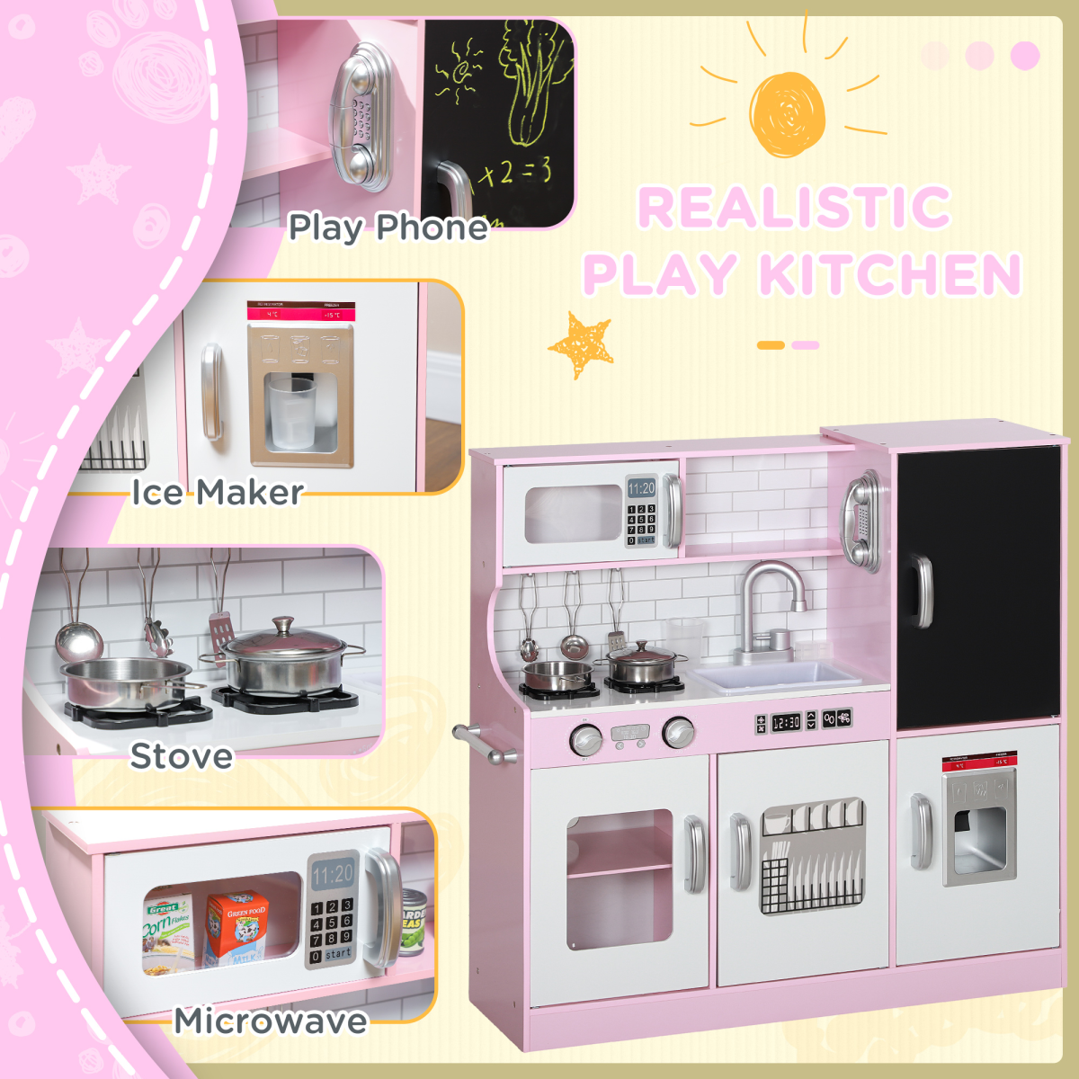 AIYAPLAY Kids Play Kitchen Set with Phone, Chalkboard, Sink & Ice Maker