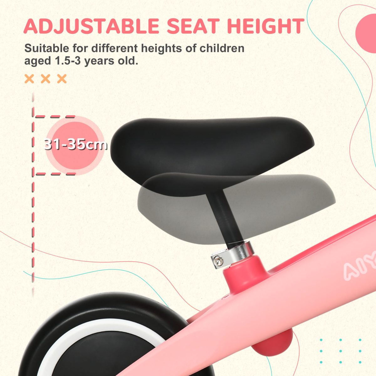 AIYAPLAY Toddler Balance Bike with Adjustable Seat, Wide Wheels, Pink
