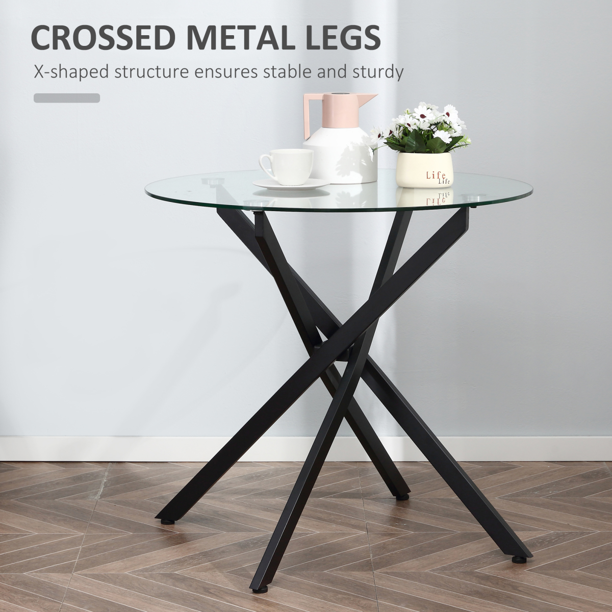 Clear Glass Round Side Table with Metal Frame, Black