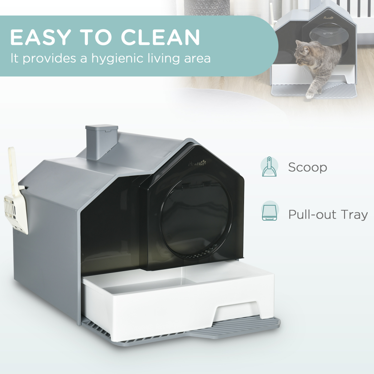 PawHut Hooded Cat Litter Tray with Pull-Out Drawer, Scoop and Deodorant, Hut Design