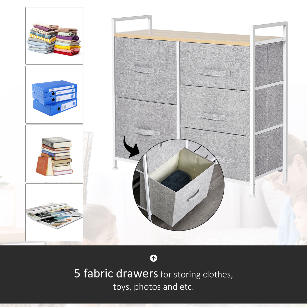 4 Drawer Linen Basket Storage Unit with Wood Top, Metal Frame and Handles HOMCOM
