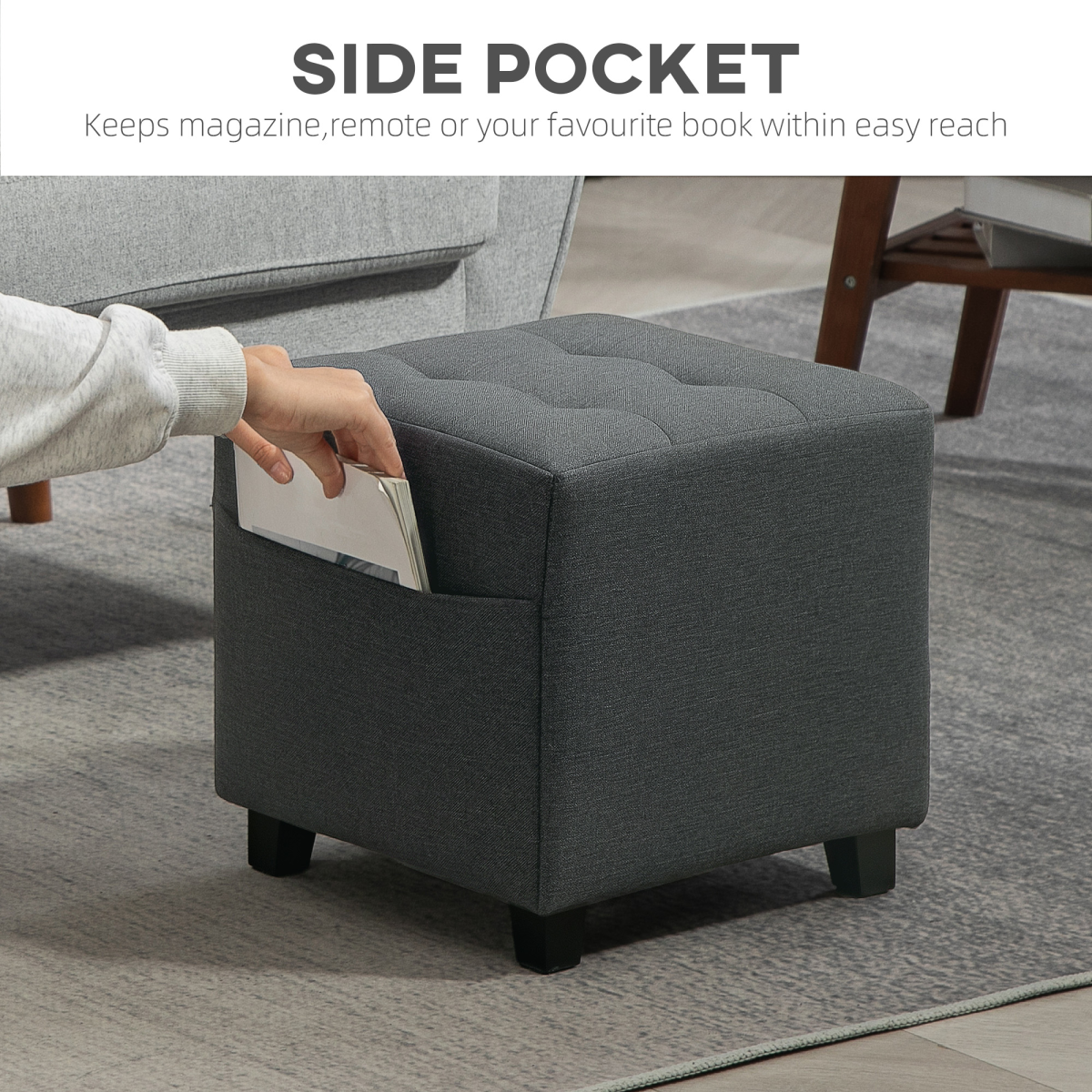 HOMCOM Square Padded Footstool Ottoman with Side Pocket, Grey