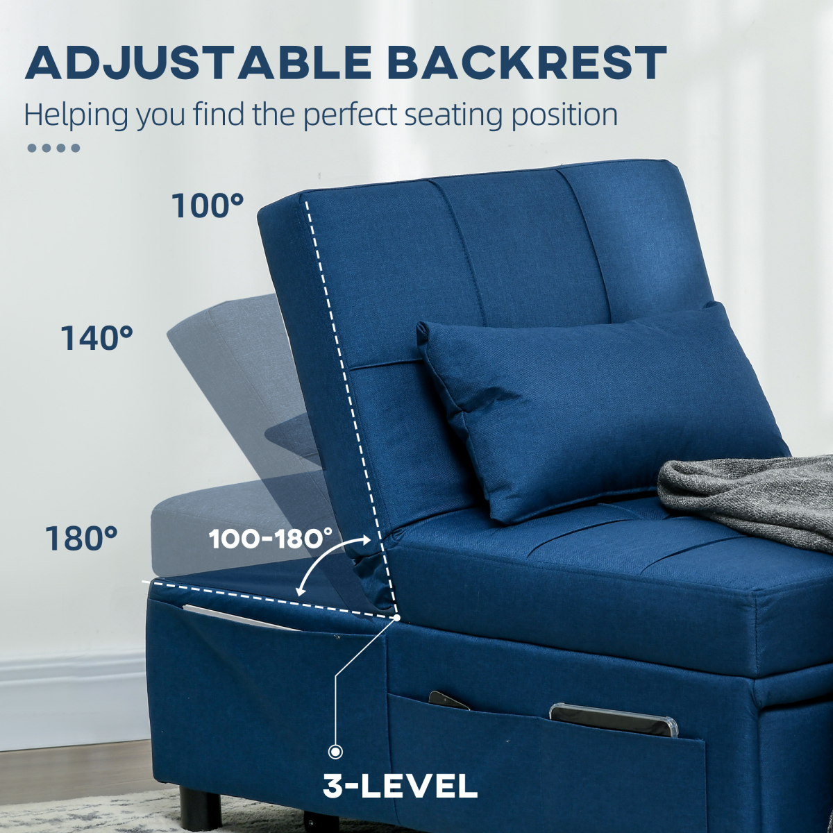 HOMCOM Folding Sofa Bed Adjustable Single Sleeper w/ Pillow Side Pocket, Blue