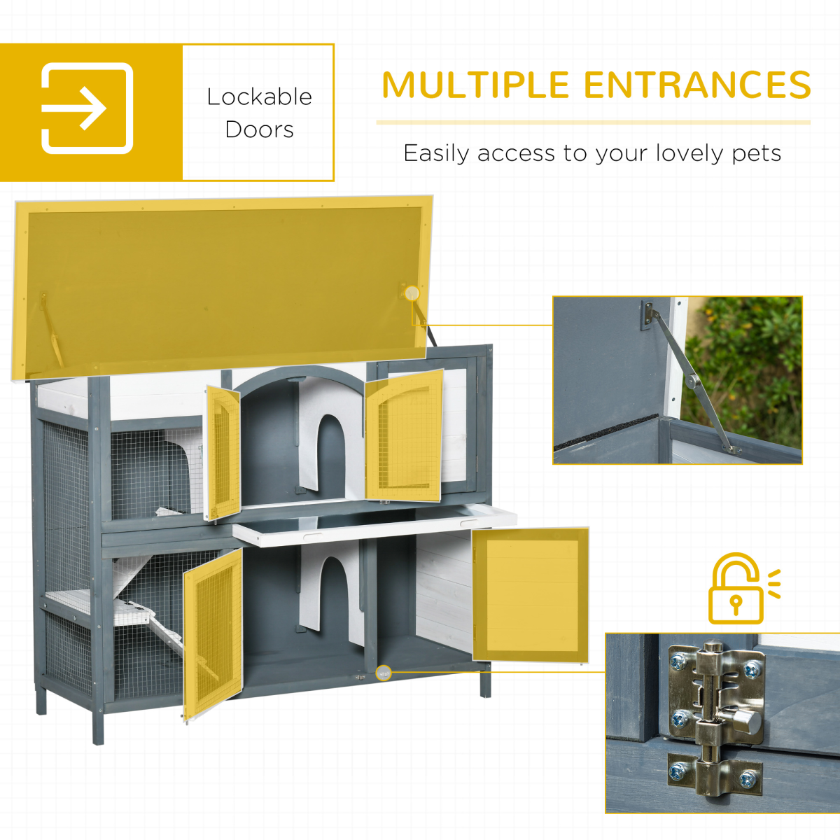 PawHut Two-Tier Wooden Rabbit Hutch with Openable Roof, Pull-Out Tray, Ramps, and Lockable Doors