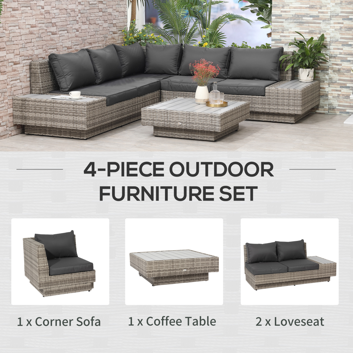 Outsunny 4-Piece 5-Seater Rattan Sectional Corner Sofa Table Set with Cushions - Light Grey