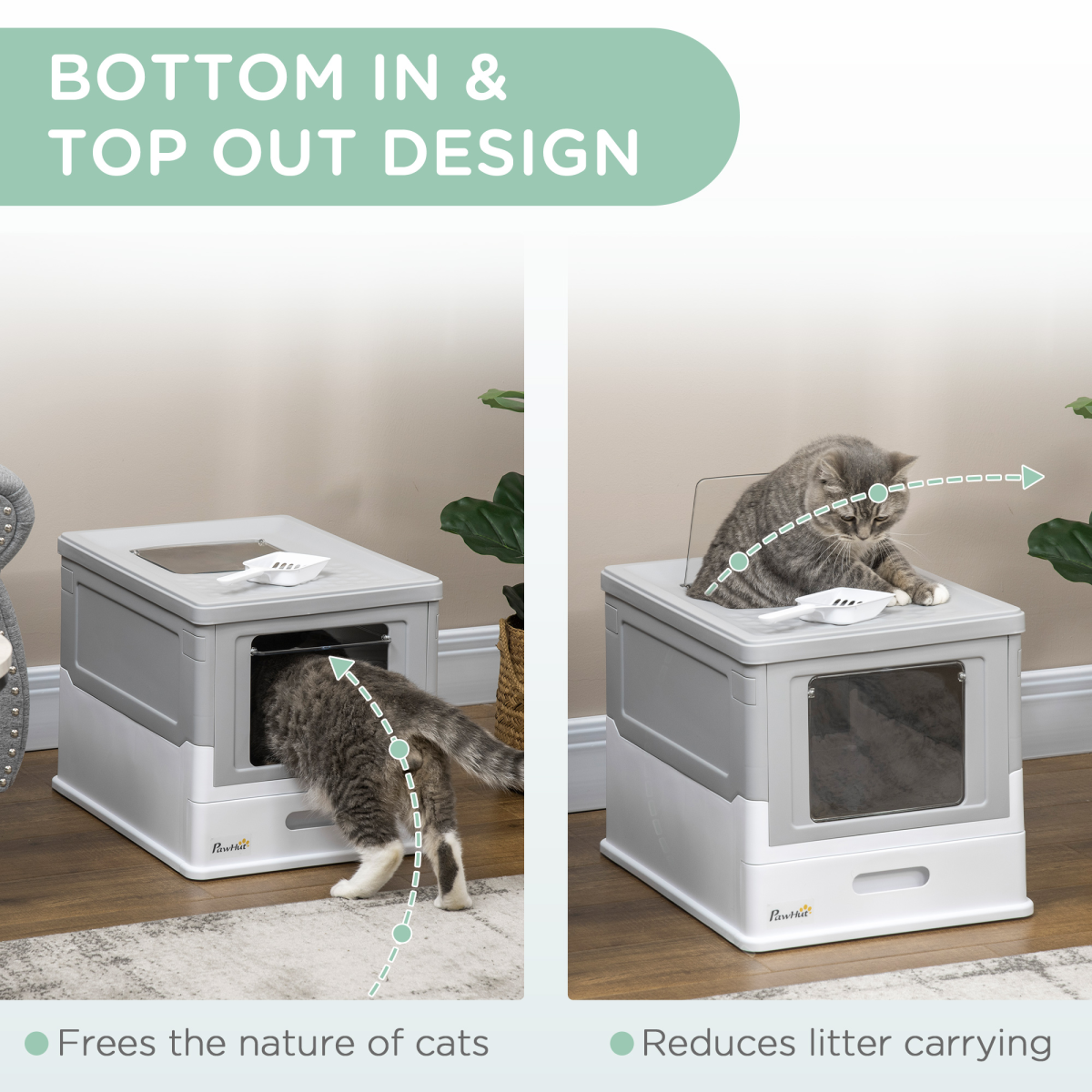 Hooded Cat Litter Box with Scoop and Tray, Portable Pet Toilet, Grey