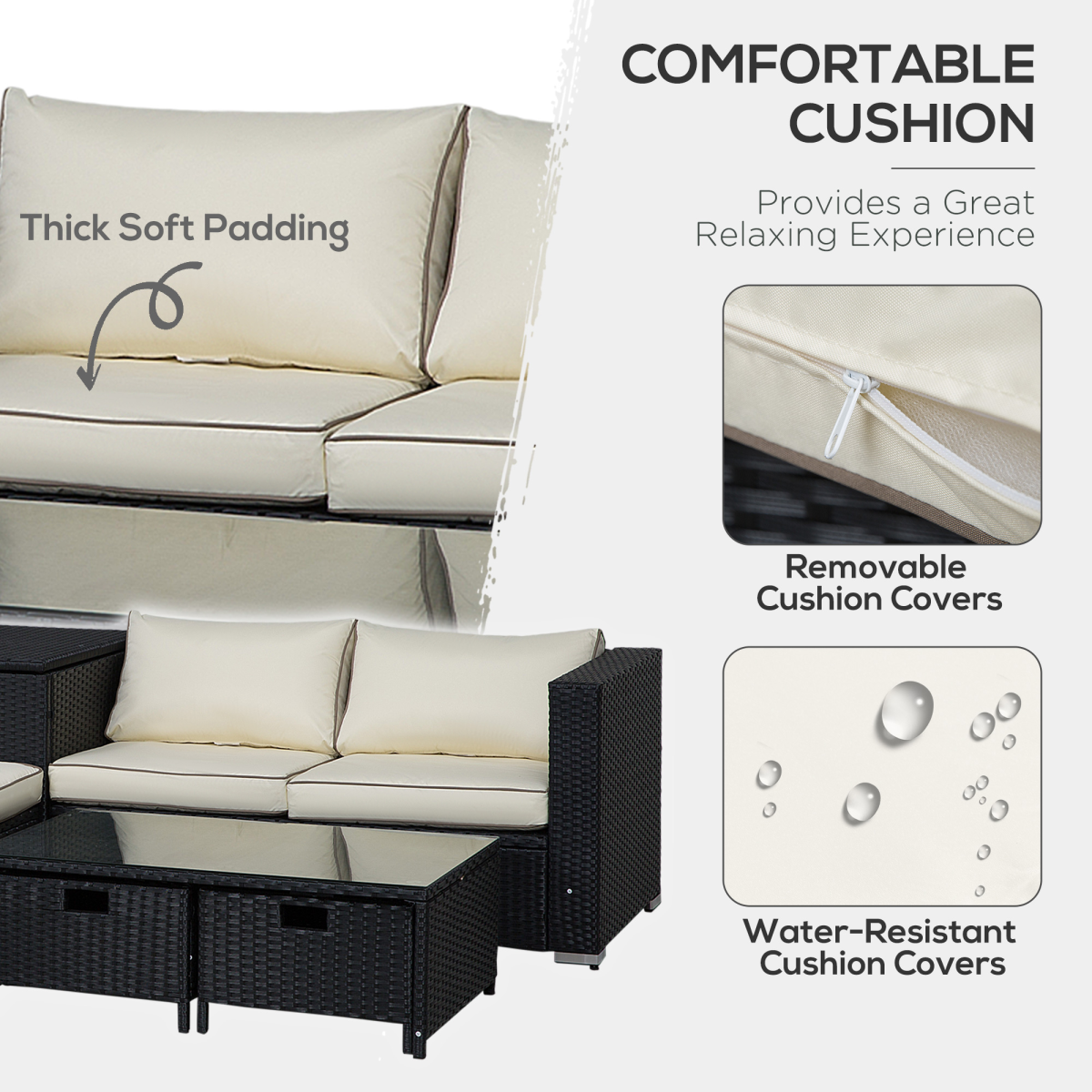 Outsunny 4-Seater Rattan Wicker Garden Patio Sofa Set with Storage Table and Coffee Table Black