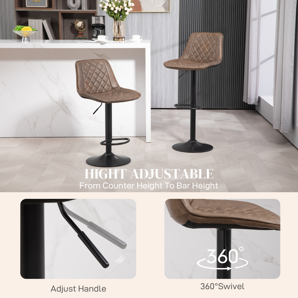 HOMCOM Set of 2 Adjustable Swivel Bar Stools, Brown Faux Leather Kitchen Chairs