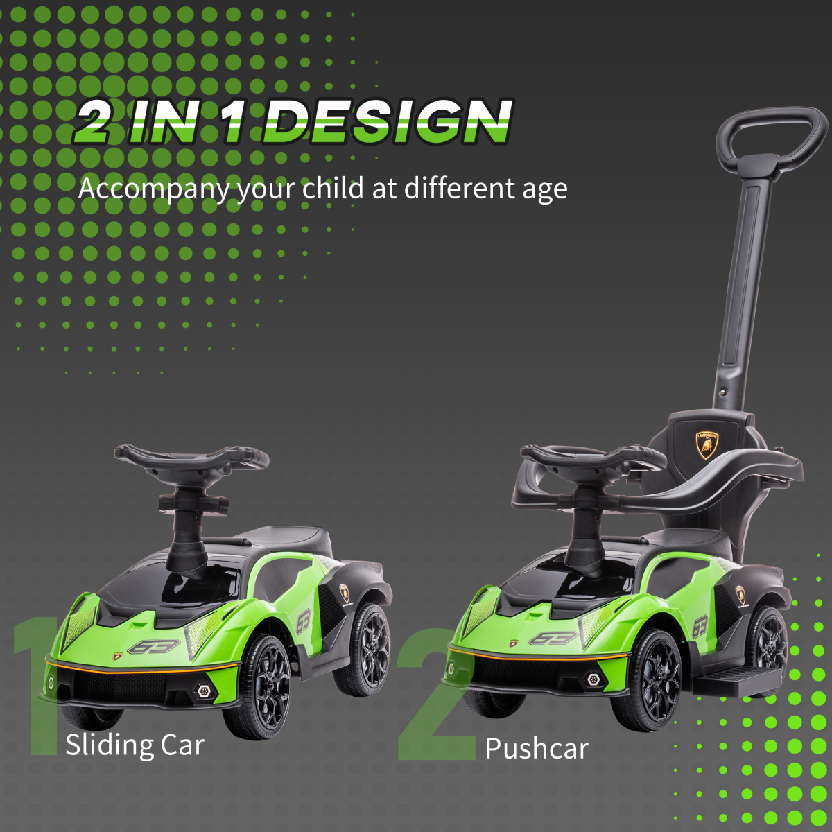 HOMCOM Lamborghini Essenza SCV12 2-in-1 Baby Ride-On Push Car, Green