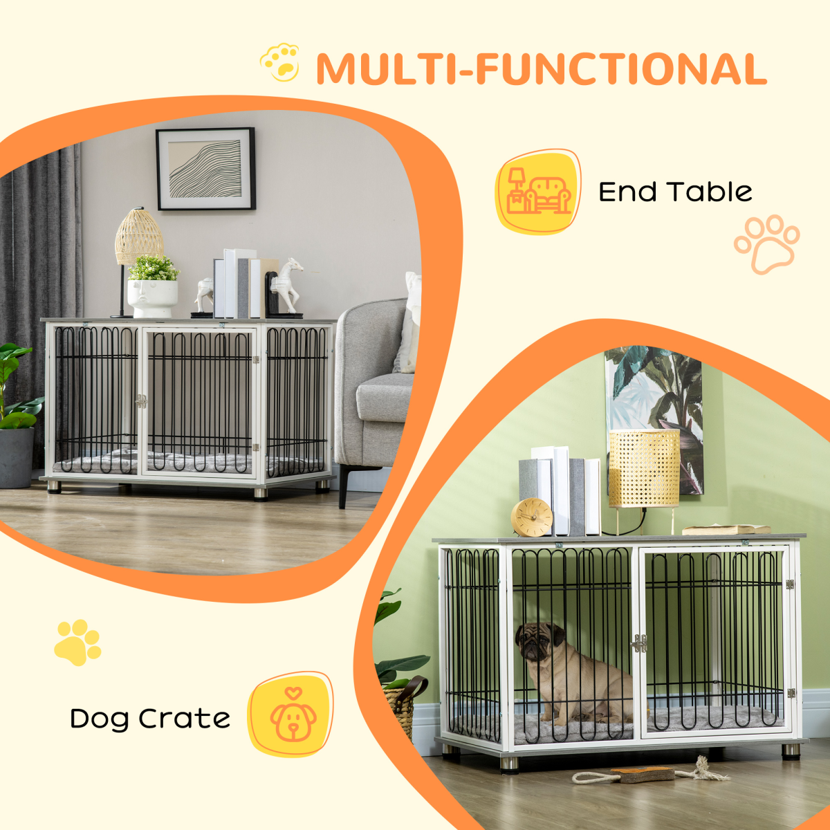 PawHut Dog Crate Furniture End Table with Washable Cushion, Lockable Door