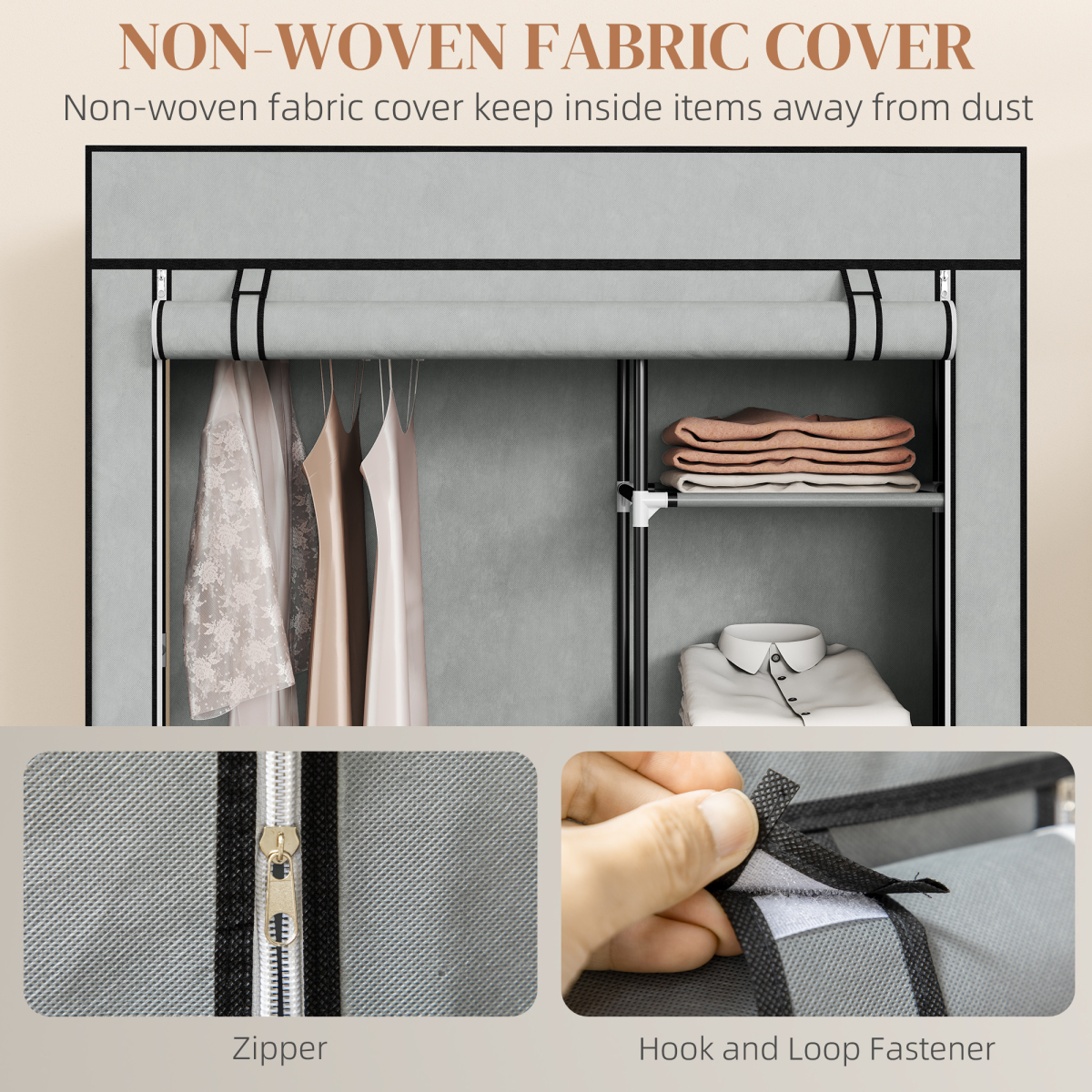 Portable Fabric Wardrobe with 6 Shelves, Hanging Rail, Light Grey