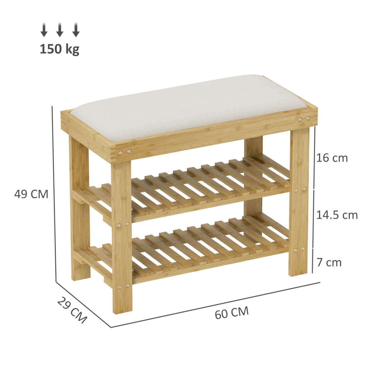 HOMCOM Bamboo 2-Tier Shoe Storage Bench with Cushion, Cream White