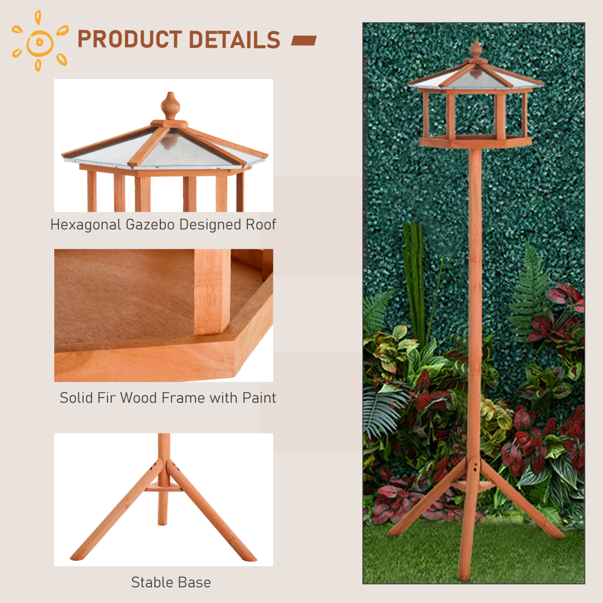 PawHut Wooden Free Standing Bird Feeder Table with Metal Roof for Garden, Patio