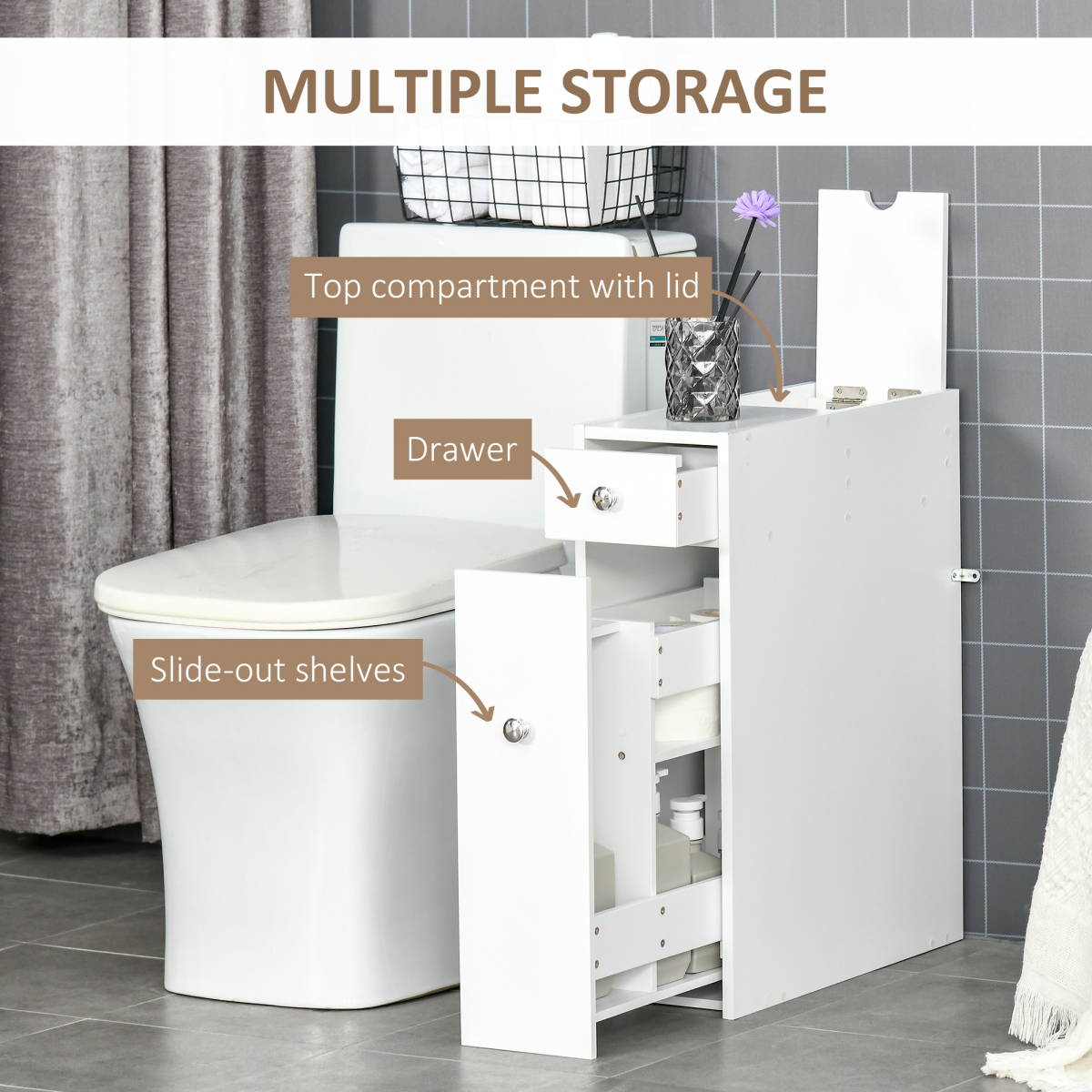Slim White Bathroom Floor Cabinet with Large Drawer, Slide-Out Drawer and Top Tray, 58 x 17 x 48 cm