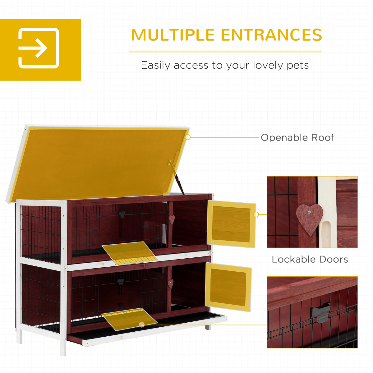 PawHut Two-Tier Elevated Wooden Rabbit Hutch Bunny Cage for Small Pets with Slide-Out Trays and Weather-Resistant Roof
