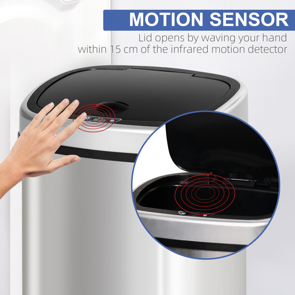 Sensor Bin, 58L, Touch-Free Motion Sensor, Mirror Stainless Steel and ABS Plastic