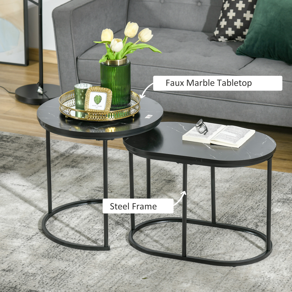 HOMCOM 2-Piece Faux Marble Round & Oval Side Tables, Black