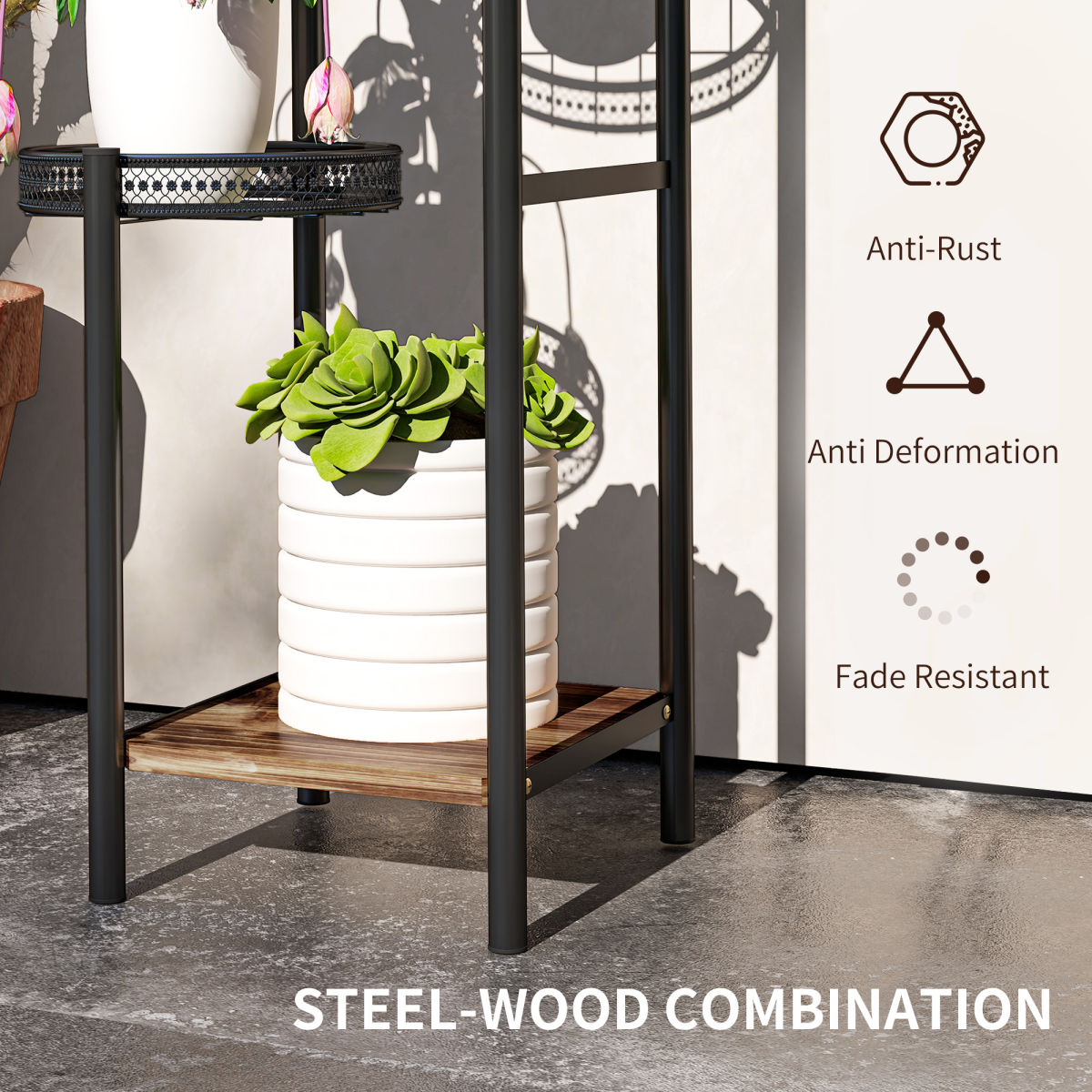 Outsunny 4-Tier Plant Pot Stand, Metal and Fir Wood Plant Shelf, Black