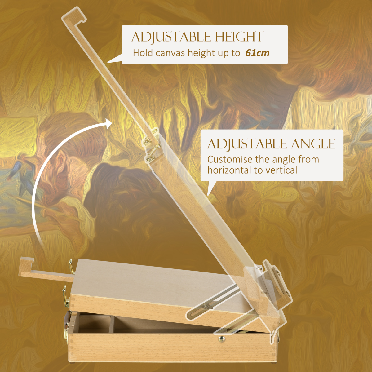 Vinsetto Wooden Table Easel Box with Carry Handle, Adjustable, Holds Canvases up to 61cm