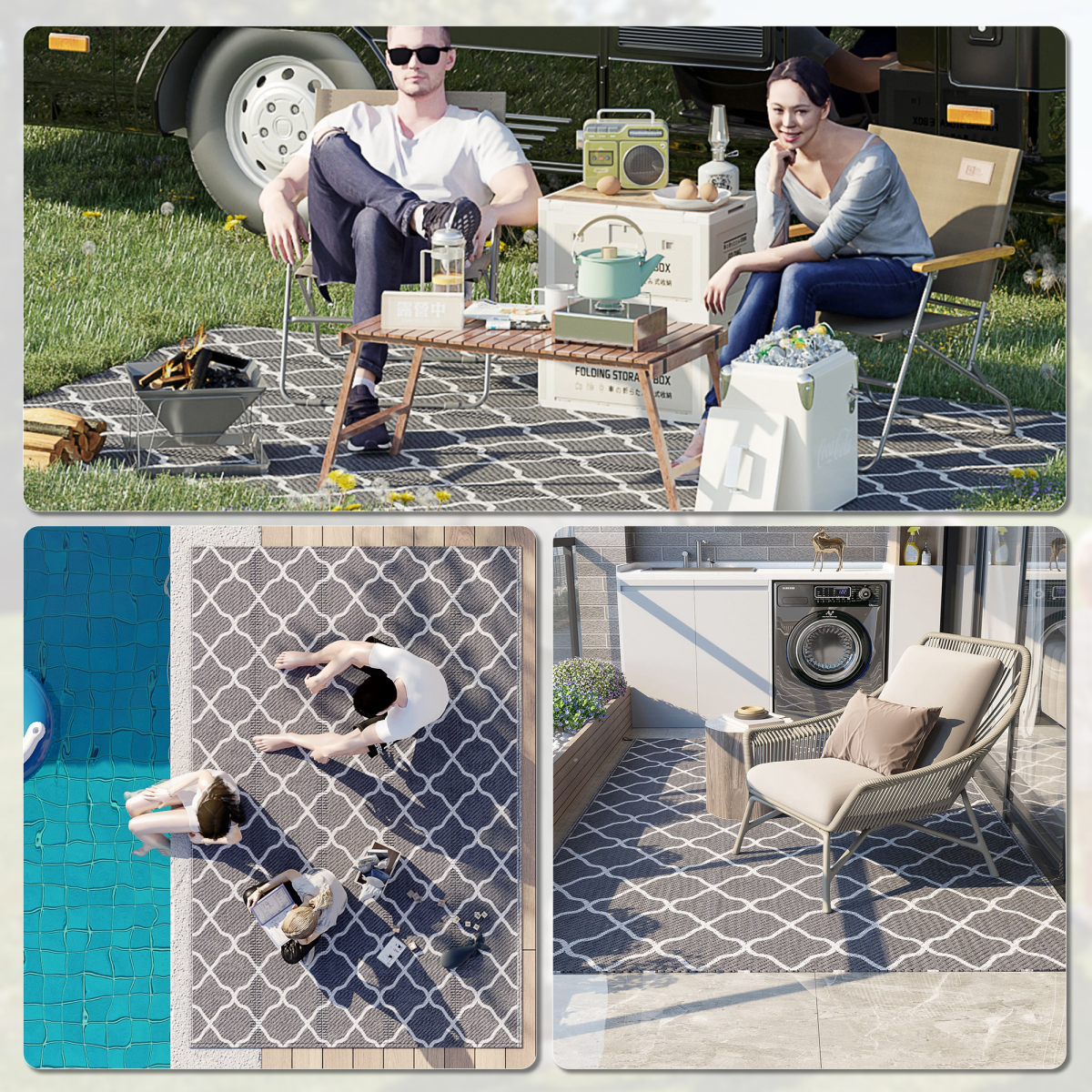 Outsunny Reversible Outdoor Rug with Carry Bag, 182 x 274 cm, Grey