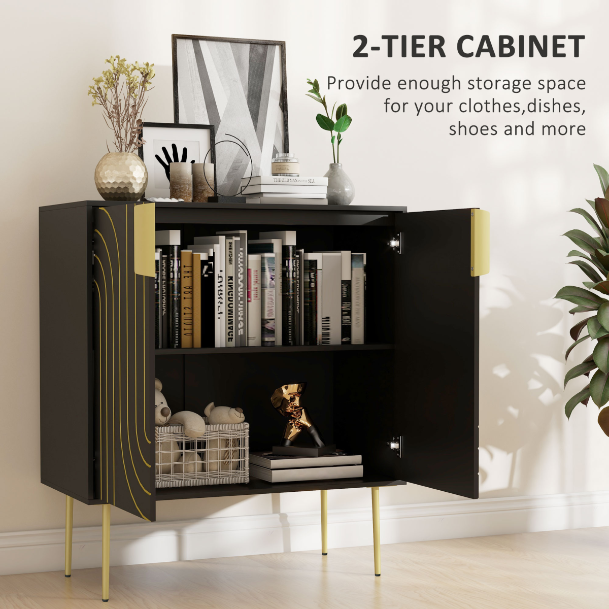 HOMCOM Art Deco Freestanding Black Storage Cabinet with Adjustable Shelf
