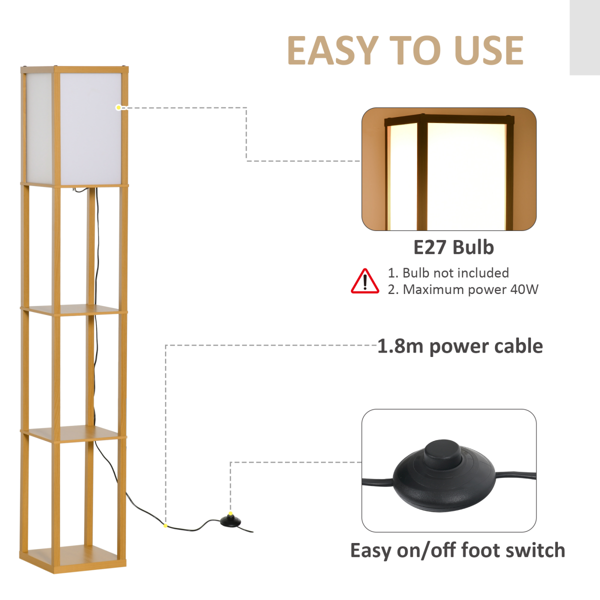 HOMCOM Floor Lamp with 3 Storage Shelves and Foot Switch, Natural