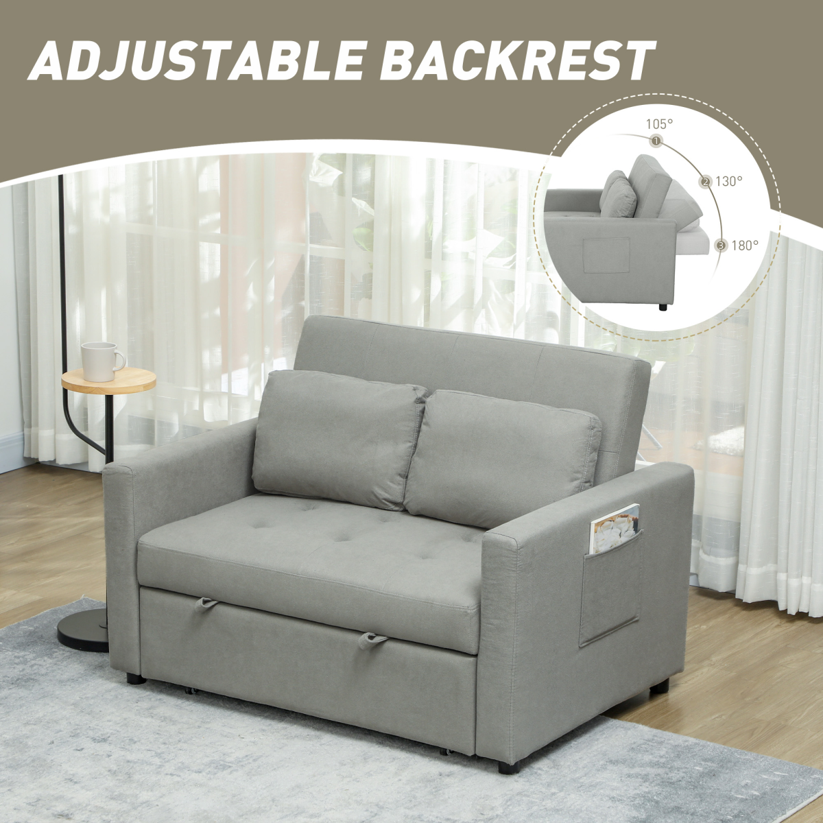 HOMCOM 2 Seater Click-Clack Sofa Bed with Cushions, Light Grey