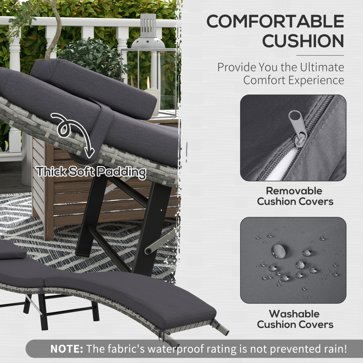 Outsunny Grey Folding Rattan Sun Lounger with Cushion & Pillow