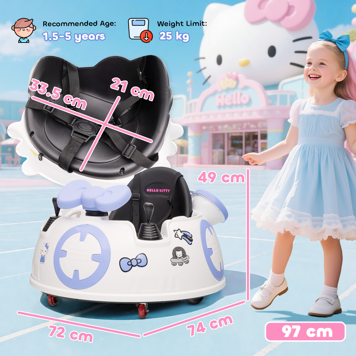 AIYAPLAY Hello Kitty Kids Ride-On Bumper Car with Remote Control, White