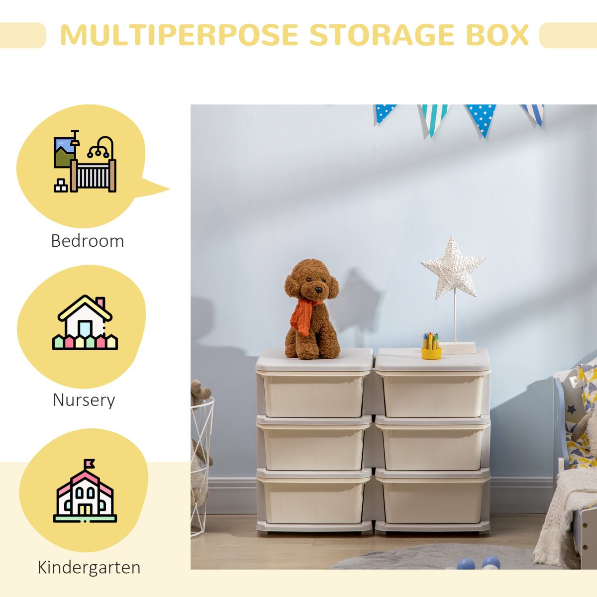 Kids Storage Unit Toy Box Vertical Dresser with Six Drawers - Cream