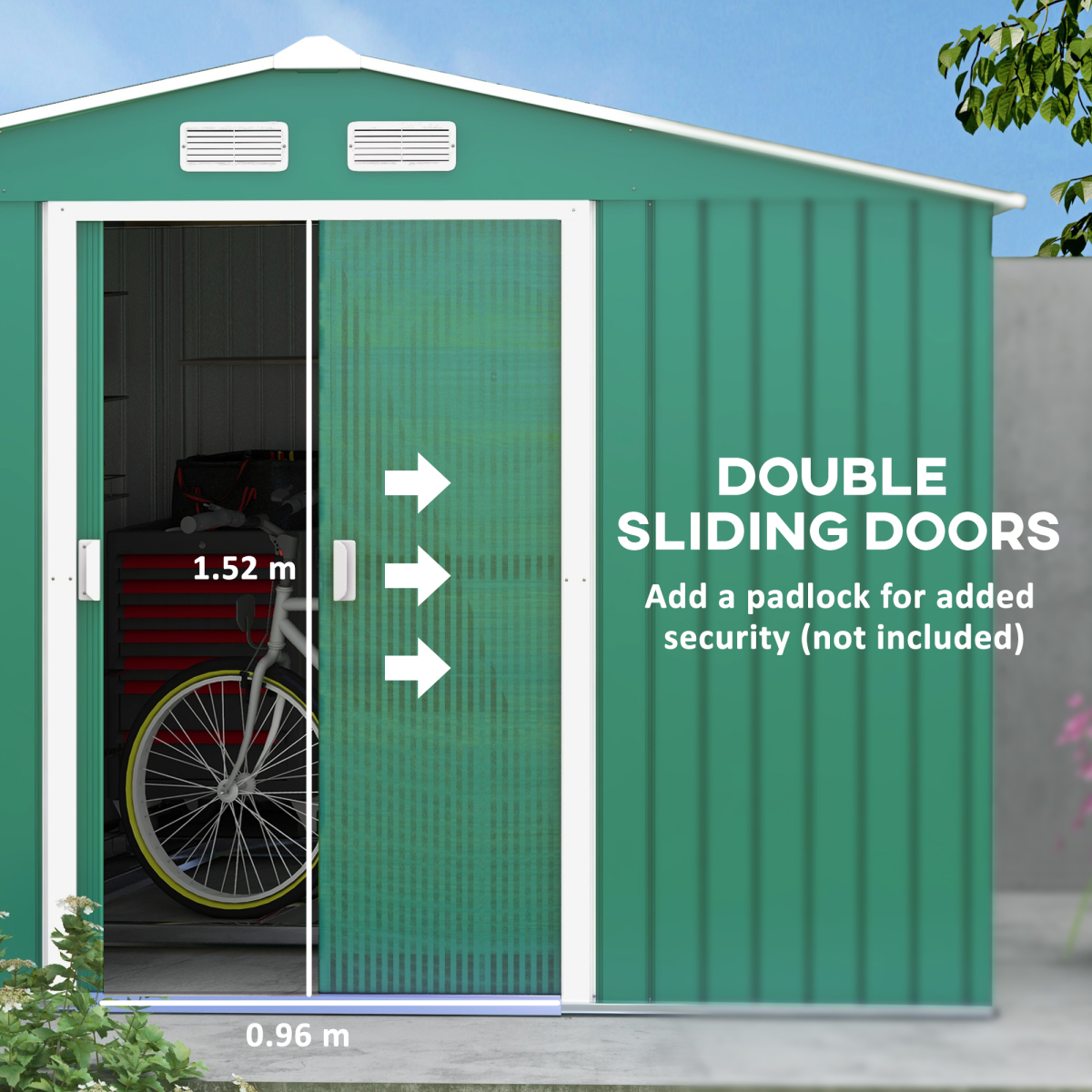 Outsunny Metal 9x6 ft Garden Storage Shed with Sliding Double Doors, Sloping Roof, Floor Foundation Included, Green