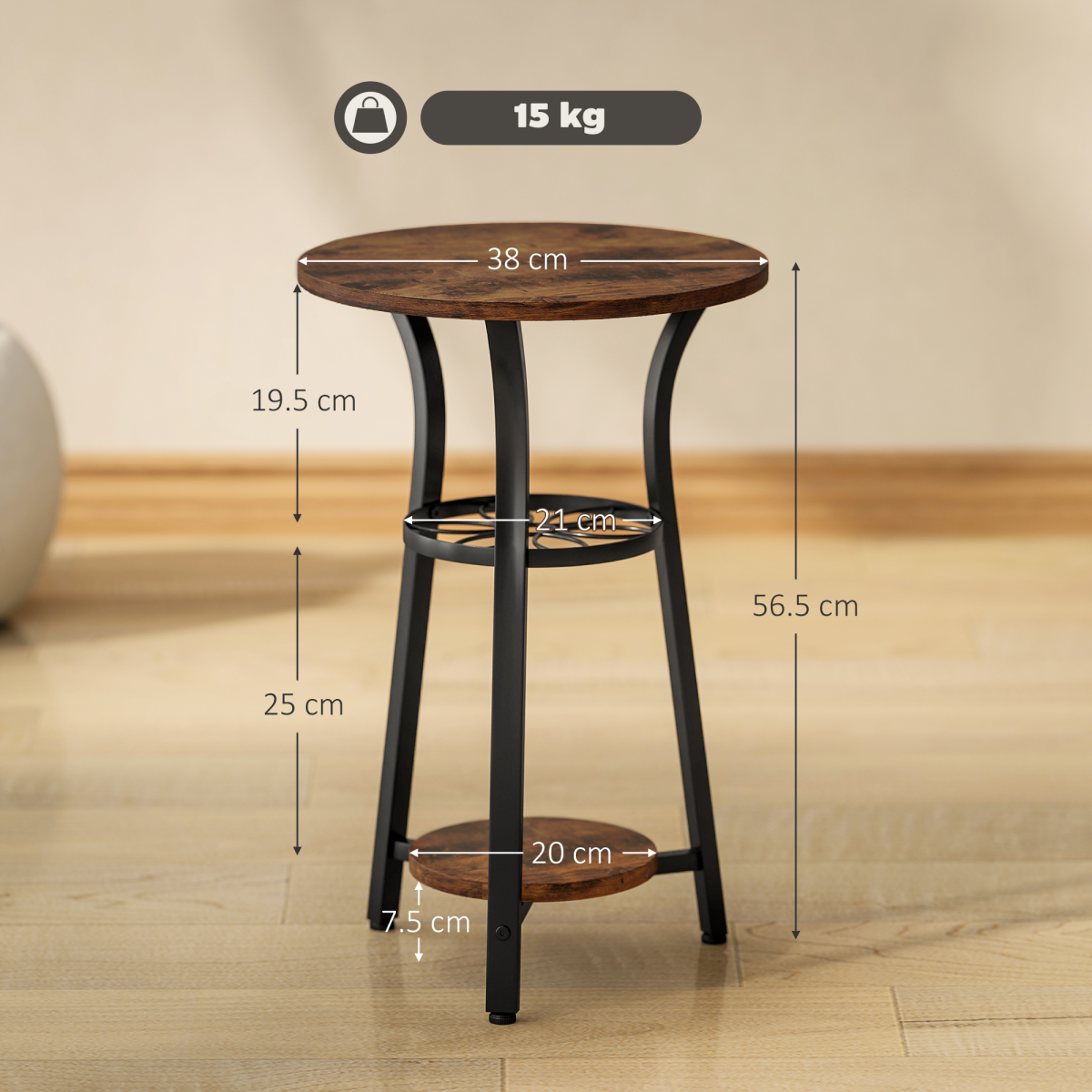 HOMCOM 38 cm Round 3-Tier Industrial Side Table, Rustic Brown
