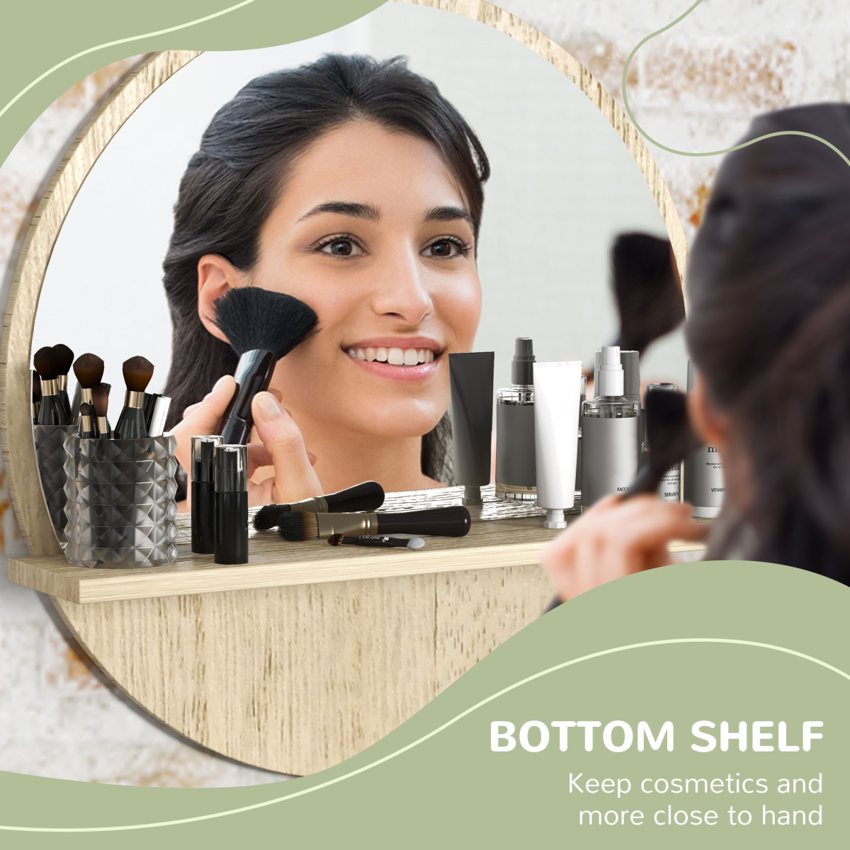 kleankin Wall-Mounted Round Mirror with Shelf, Wood-Effect Frame